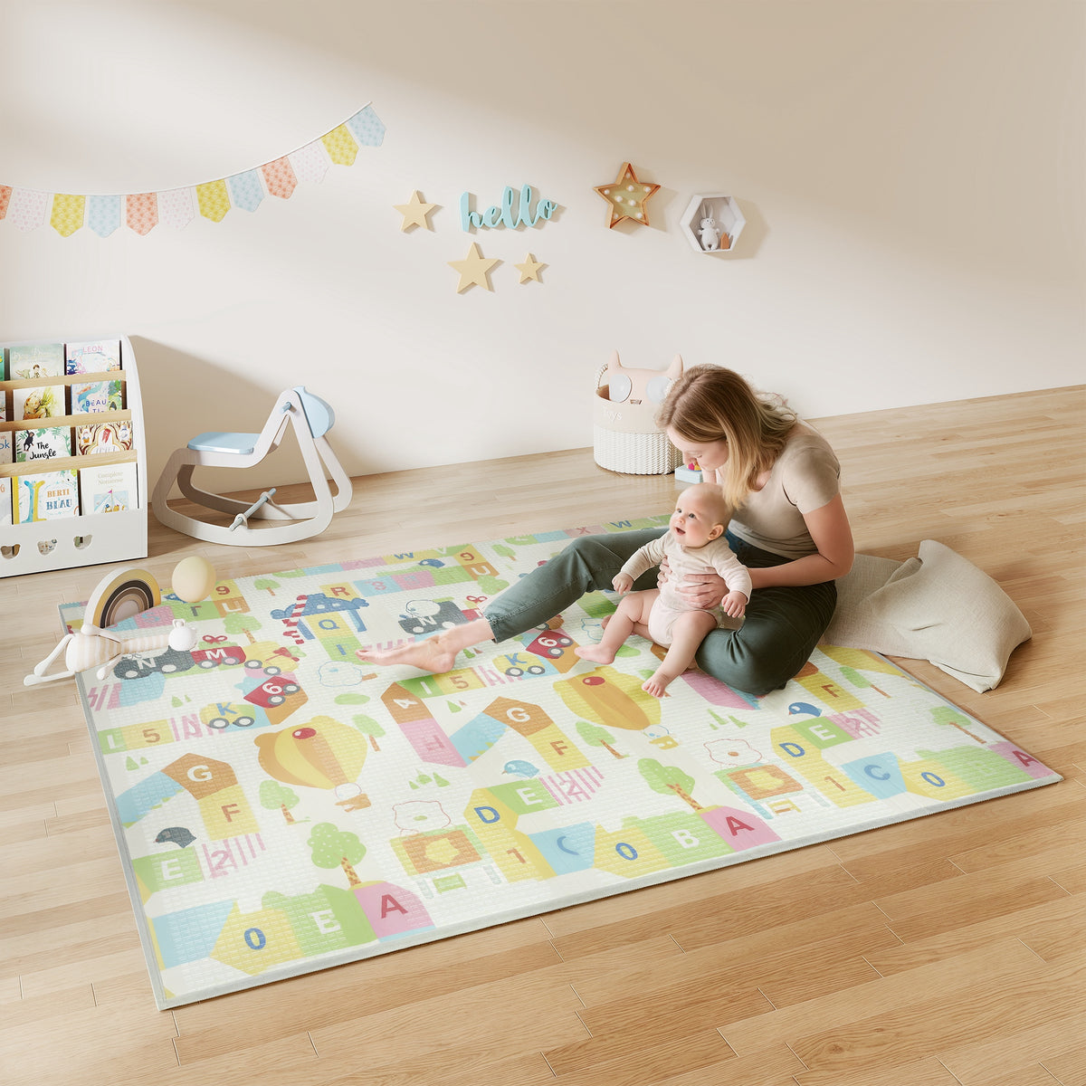 Tapis de jeu pour bébé pliable et réversible, tapis de sol en mousse épais, 200 x 180 x 1,5 cm, multicolore