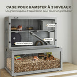 Cage Hamster en Bois, 3 Niveaux avec Cabane, Roue, Rampes, Panneau Transparent, Espaces Séparés, 80x50x84cm, Gris