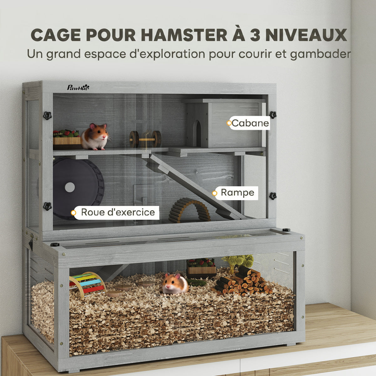 Cage Hamster en Bois, 3 Niveaux avec Cabane, Roue, Rampes, Panneau Transparent, Espaces Séparés, 80x50x84cm, Gris