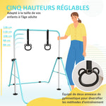 Barre de gymnastique pour enfants, barre horizontale pliable à hauteur réglable avec anneaux de gymnastique, cyan