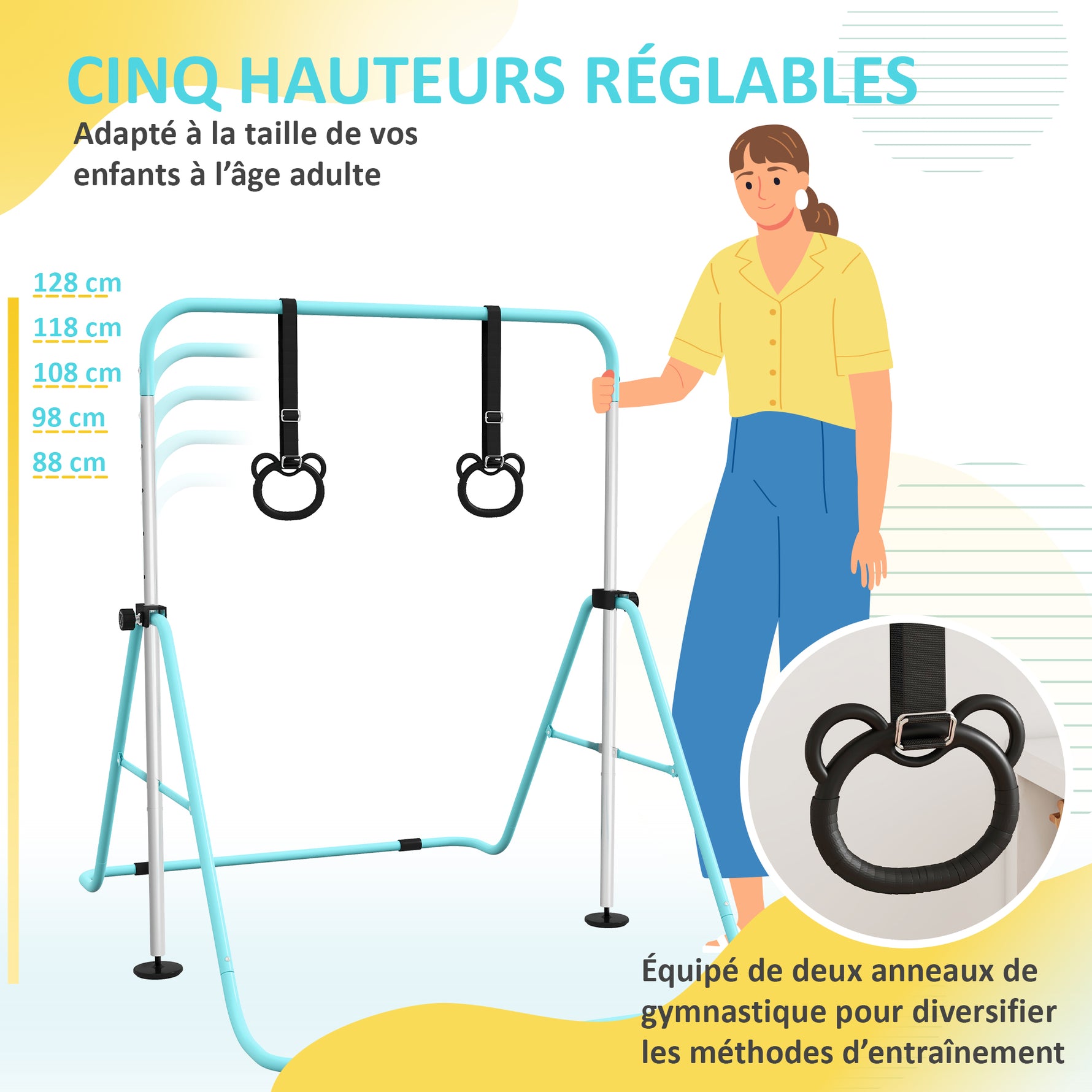 Barre de gymnastique pour enfants, barre horizontale pliable à hauteur réglable avec anneaux de gymnastique, cyan