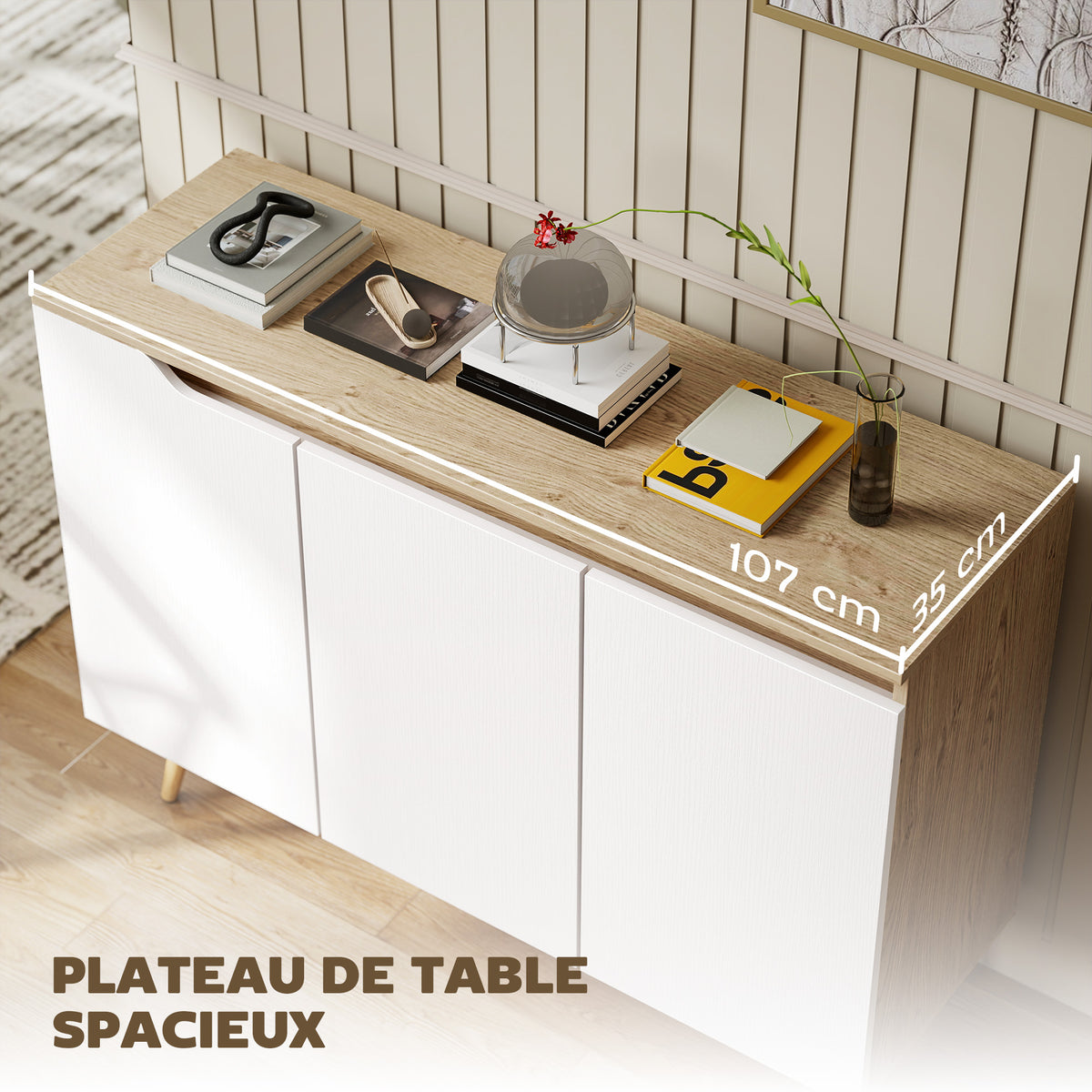 Credenza da soggiorno, mobile contenitore, 3 ante, ripiani regolabili e gambe in legno di gomma, 107x35x76,5 cm, bianco e rovere