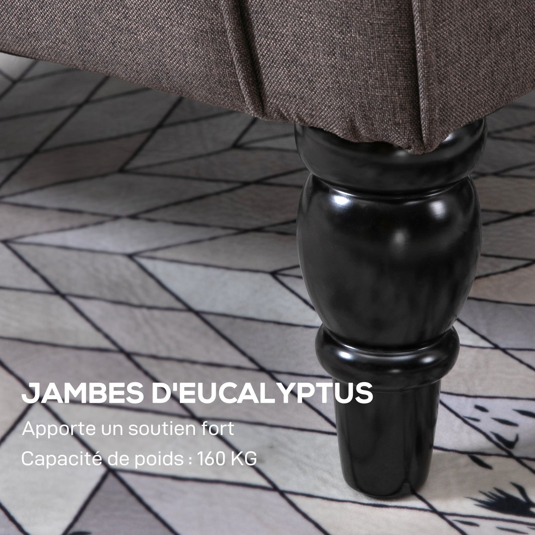 Fauteuil de salon capitonné avec assise large, pieds en bois, style classique, grand confort, 74 x 86 x 102 cm, marron