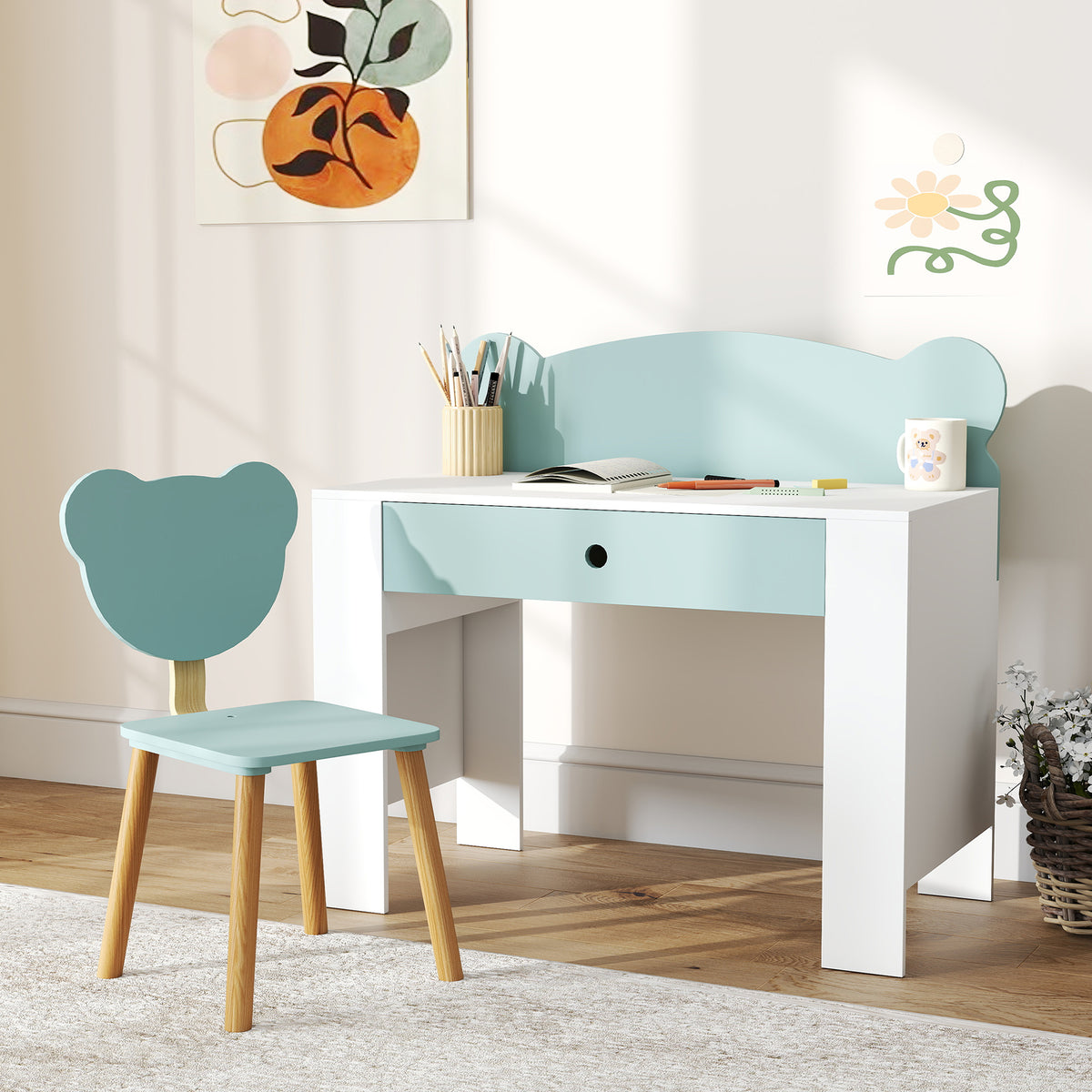 Bureau enfant avec chaise, table enfant et chaise avec tiroir et large plateau, 80 x 41 x 74,5 cm, vert