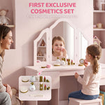 Coiffeuse pour Enfants avec Tabouret et Miroir à Trois Volets en Acrylique, 2 Tiroirs et 2 Placards, Rose