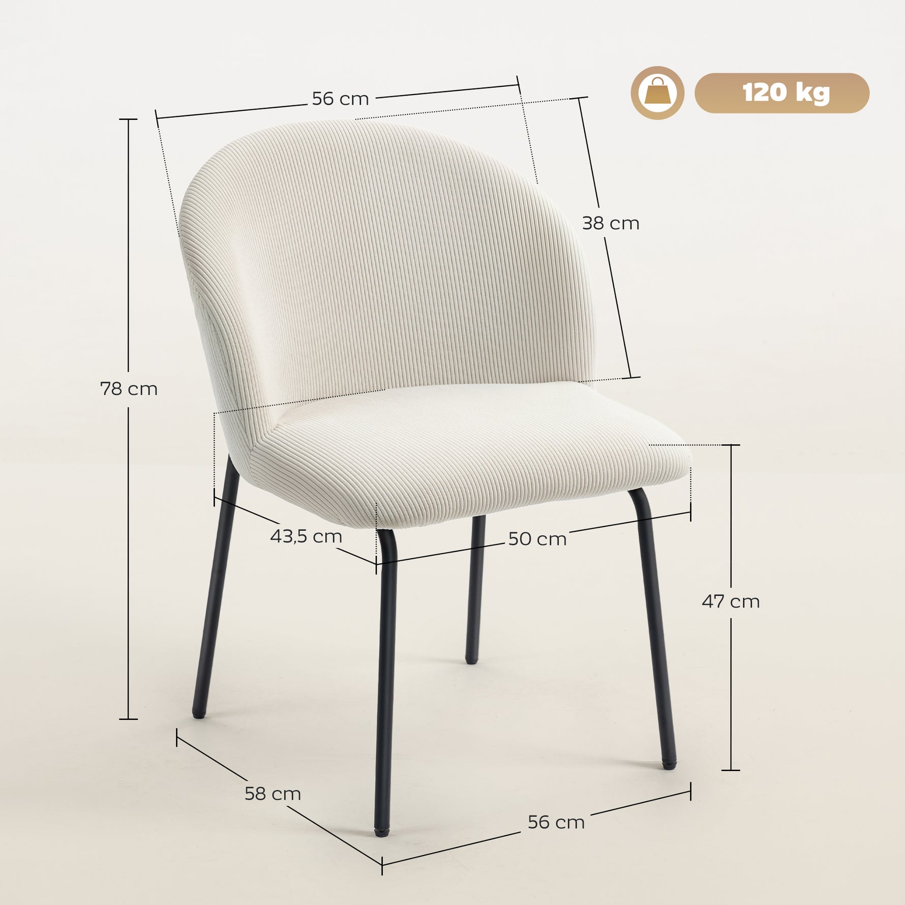 Lot de 2 chaises de salle à manger en velours côtelé, chaises de cuisine avec pieds en acier, 56x58x78cm, crème