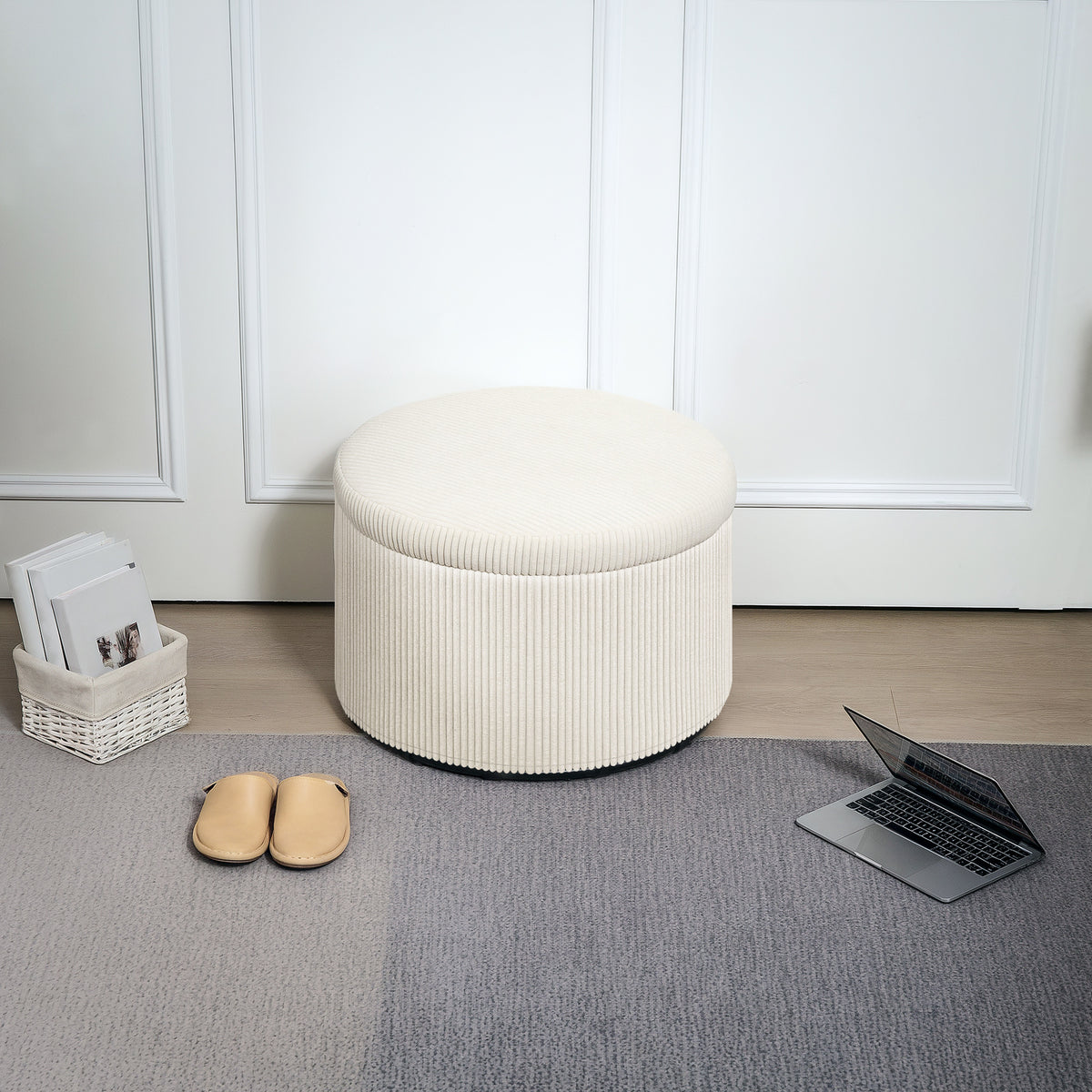 Pouf coffre rangement, tabouret rond, pouf repose-pieds en velours côtelé, charge 120 Kg, Ø 60 x 41 cm, beige