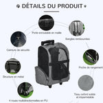 Sac de transport à roulettes pour chien 2 en 1 trolley chariot sac à dos pour chien chat avec poignée téléscopique, sacs de rangement, aérations, attache de sécurité, 42 x 25 x 55 cm, gris