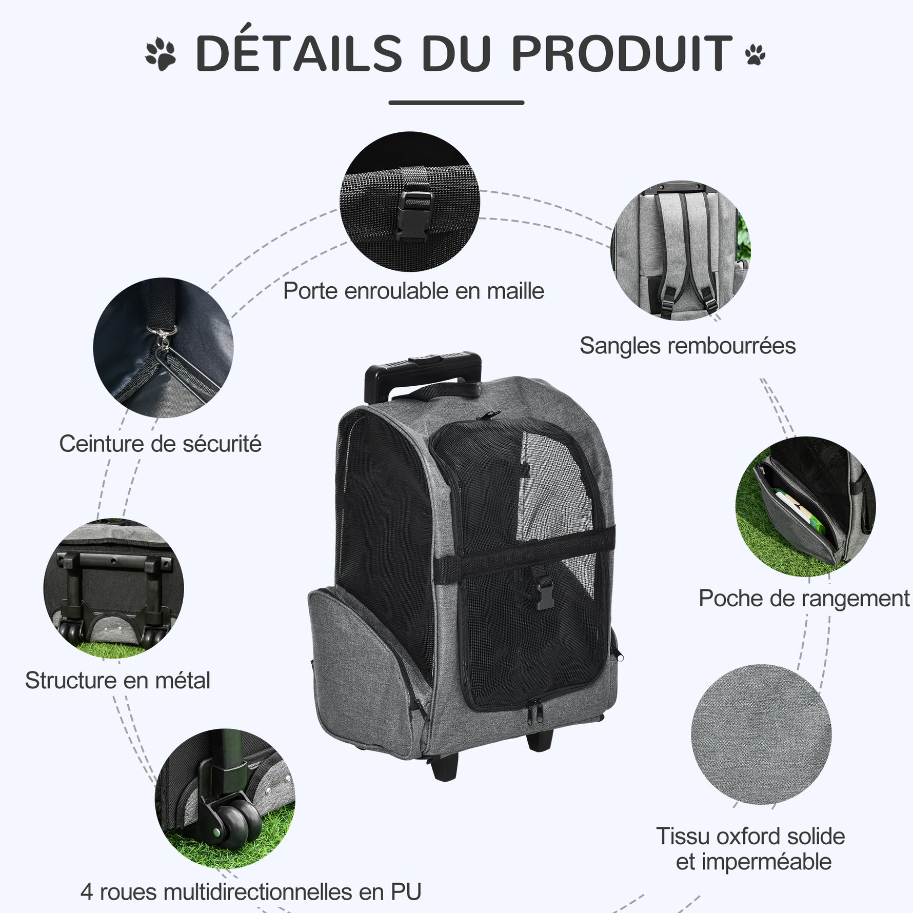Sac de transport à roulettes pour chien 2 en 1 trolley chariot sac à dos pour chien chat avec poignée téléscopique, sacs de rangement, aérations, attache de sécurité, 42 x 25 x 55 cm, gris