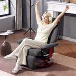 Fauteuil relax inclinable repose-pieds réglable pivotant 360° piètement bois tissu aspect lin gris