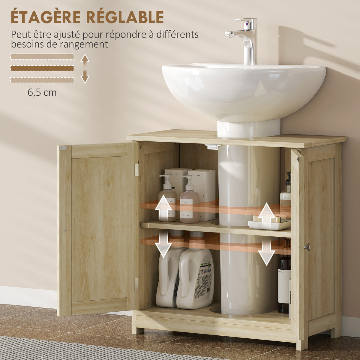 Meuble Salle de Bain sous Lavabo, Meuble sous-Vasque, Placard 2 Portes avec Étagère, 60x30x60cm, Chêne