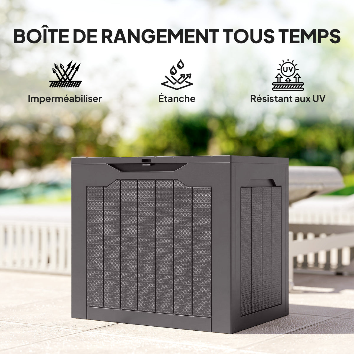 97L outdoor storage box with recessed handles, waterproof outdoor storage chest 56 x 41 x 50 cm, brown