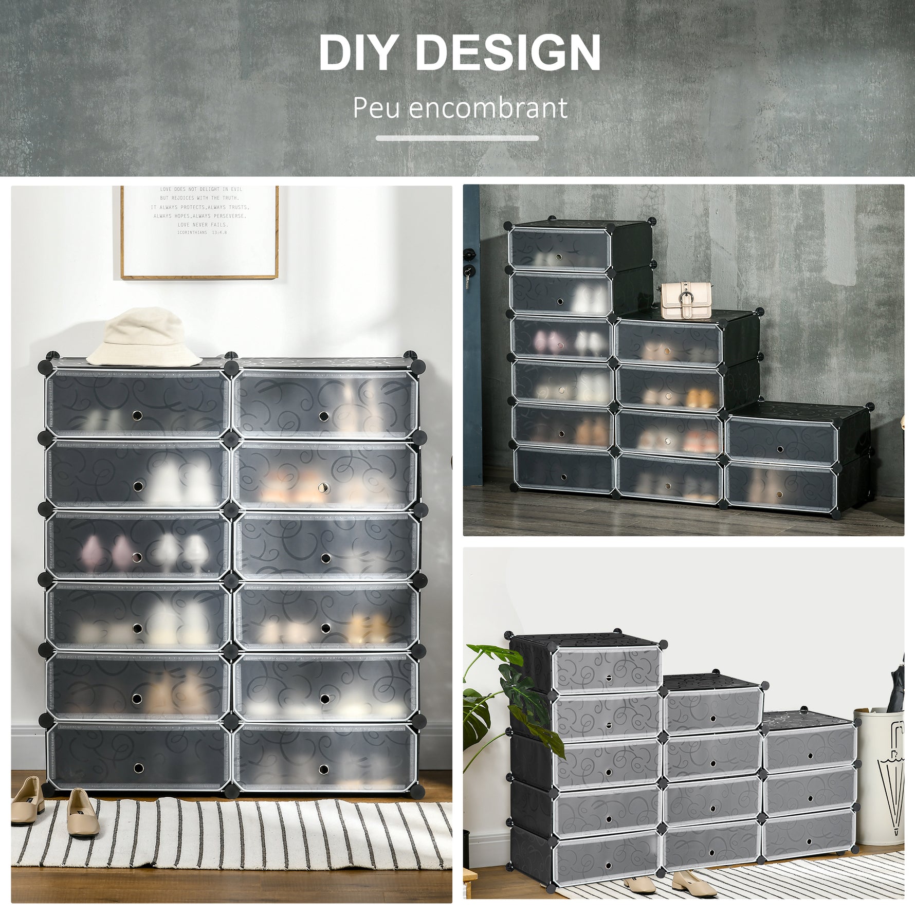Armoire meuble à chaussures modulable 94L x 37l x 108H cm 12 cubes rectangulaires capacité 24 paires de chaussures