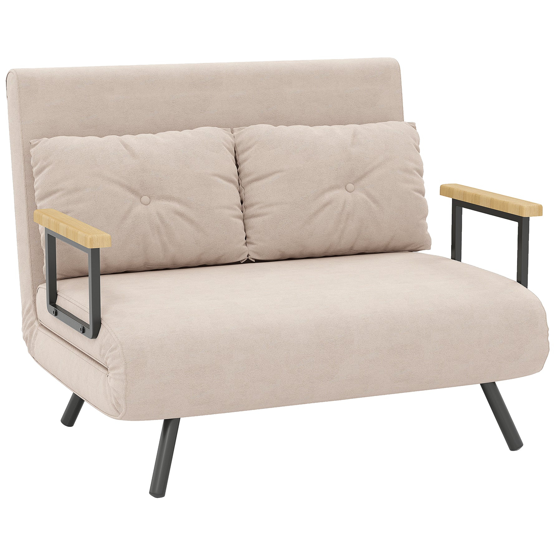 Canapé convertible 2 places avec dossier réglable à 5 niveaux et 2 coussins rembourrés, revêtement effet velours, beige