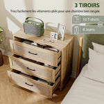 Commode 3 Tiroirs en Rotin, Meuble de Rangement, Chiffonnier, Pieds en Bois Massif, Style Bohème, 76x35x76cm, Chêne