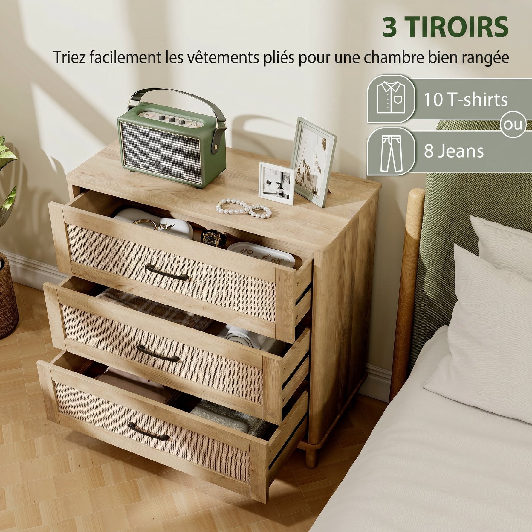 Commode 3 Tiroirs en Rotin, Meuble de Rangement, Chiffonnier, Pieds en Bois Massif, Style Bohème, 76x35x76cm, Chêne