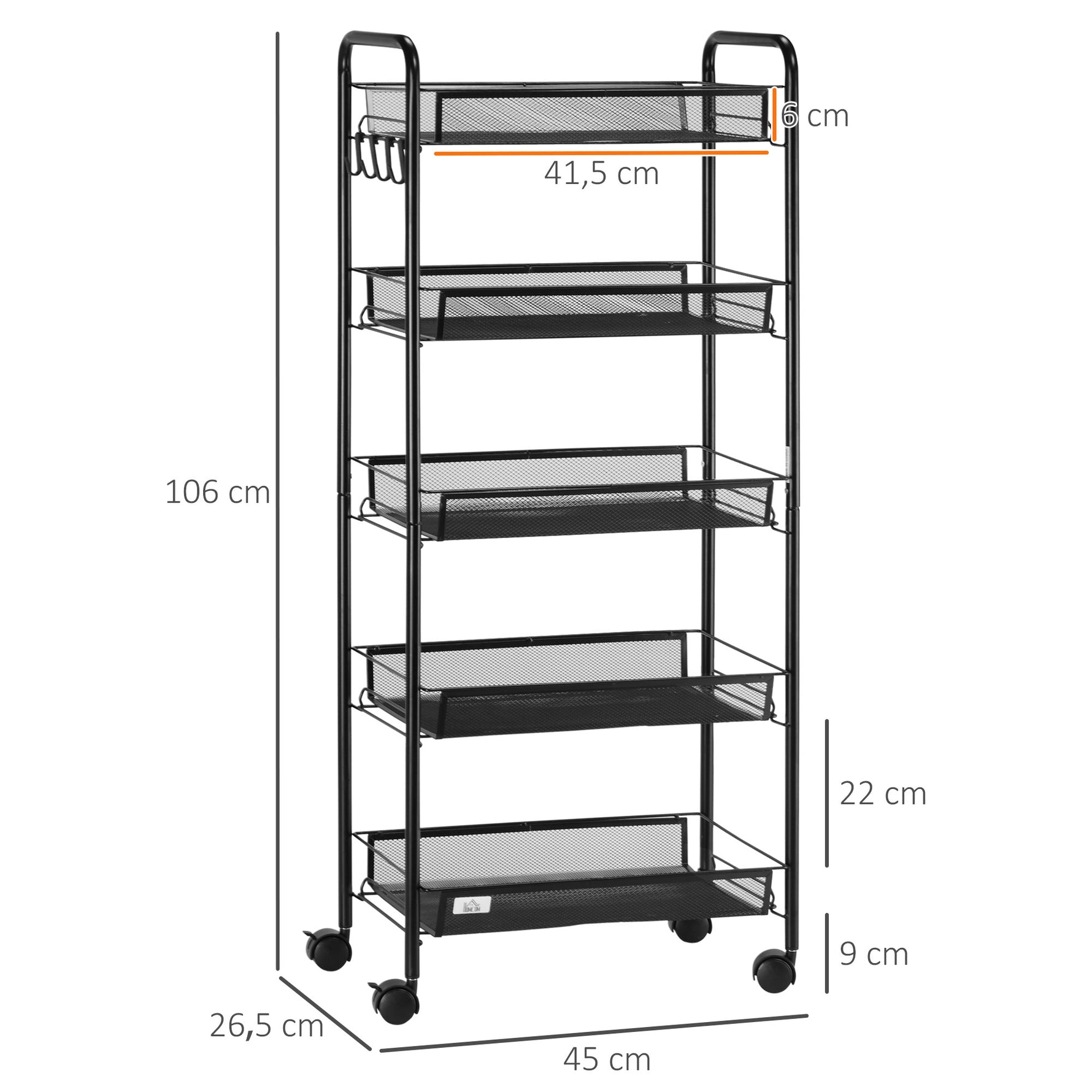 Chariot desserte de rangement à roulettes avec 5 paniers amovibles en acier, dim. 45L x 26.5l x 106H cm