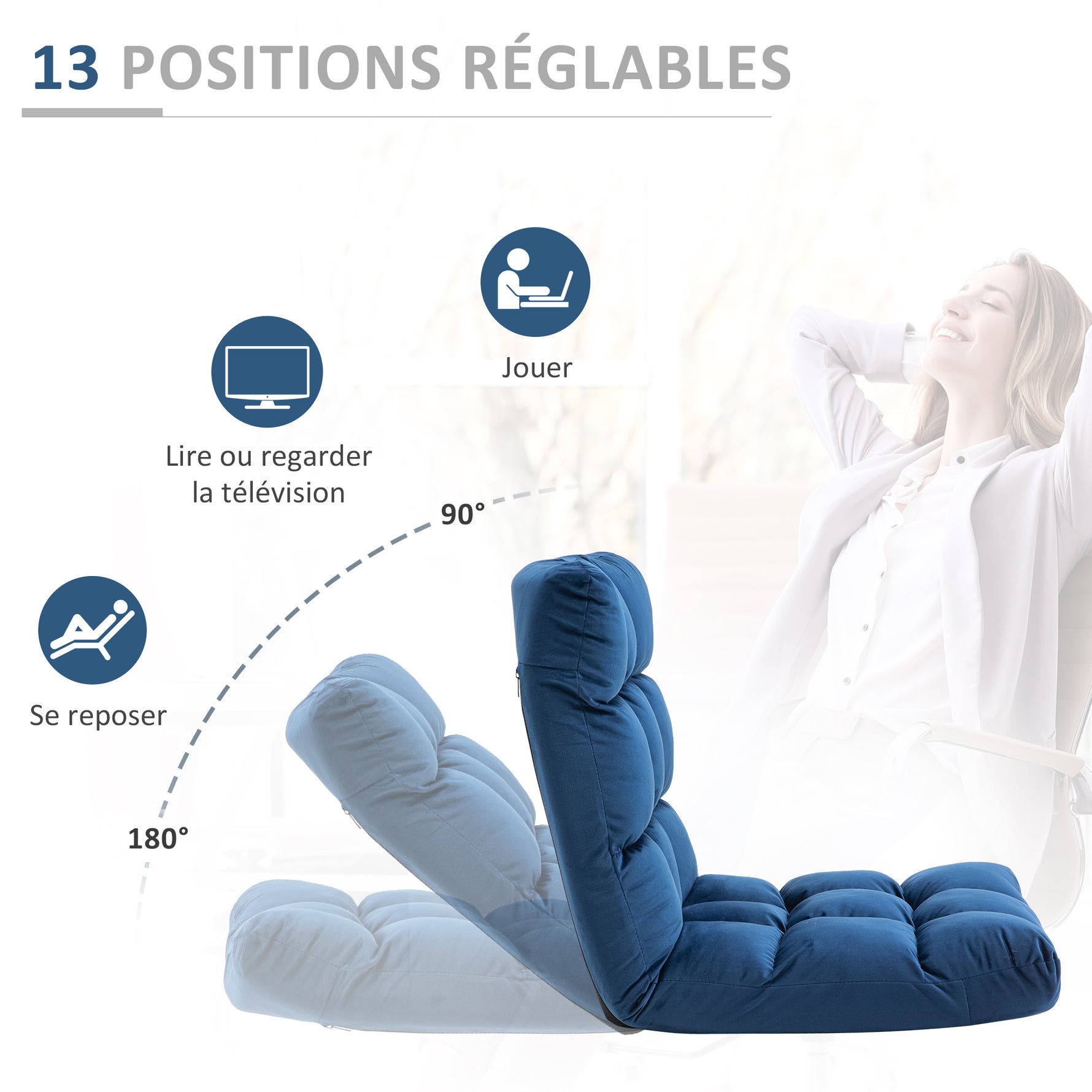 Fauteuil Convertible Fauteuil Paresseux Grand Confort Inclinaison Dossier Multipositions 90°-180° Bleu Roi