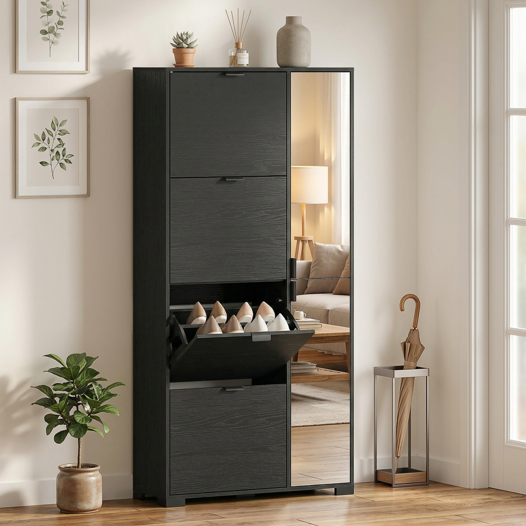 Meuble à chaussures 16 paires armoire à chaussures 4 tiroirs rabattables 2 portes en miroir étagères réglables noir
