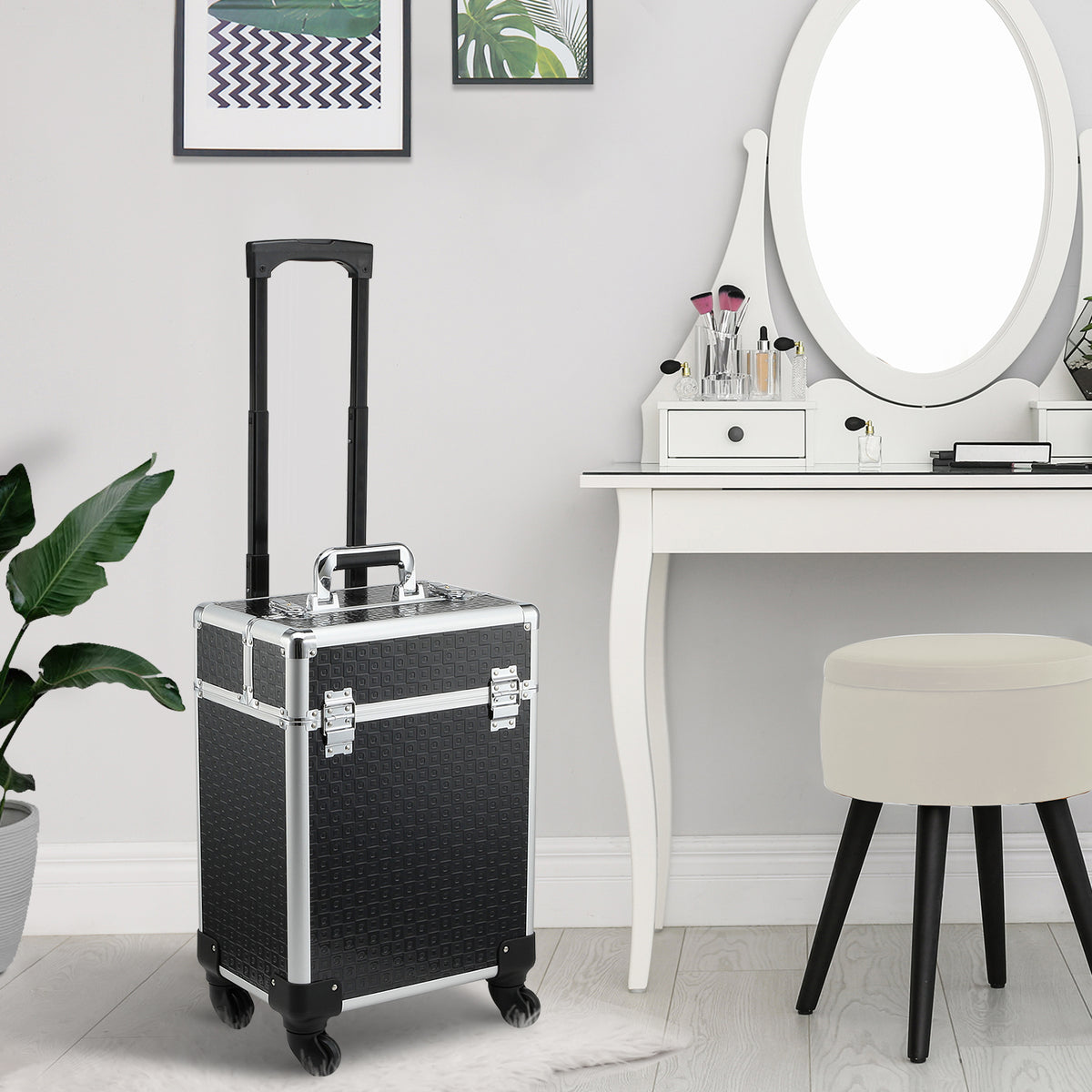 Valigia trolley trucco beauty case cosmetici vanity manico telescopico regolabile 34L x 24P x 52A cm alluminio nero