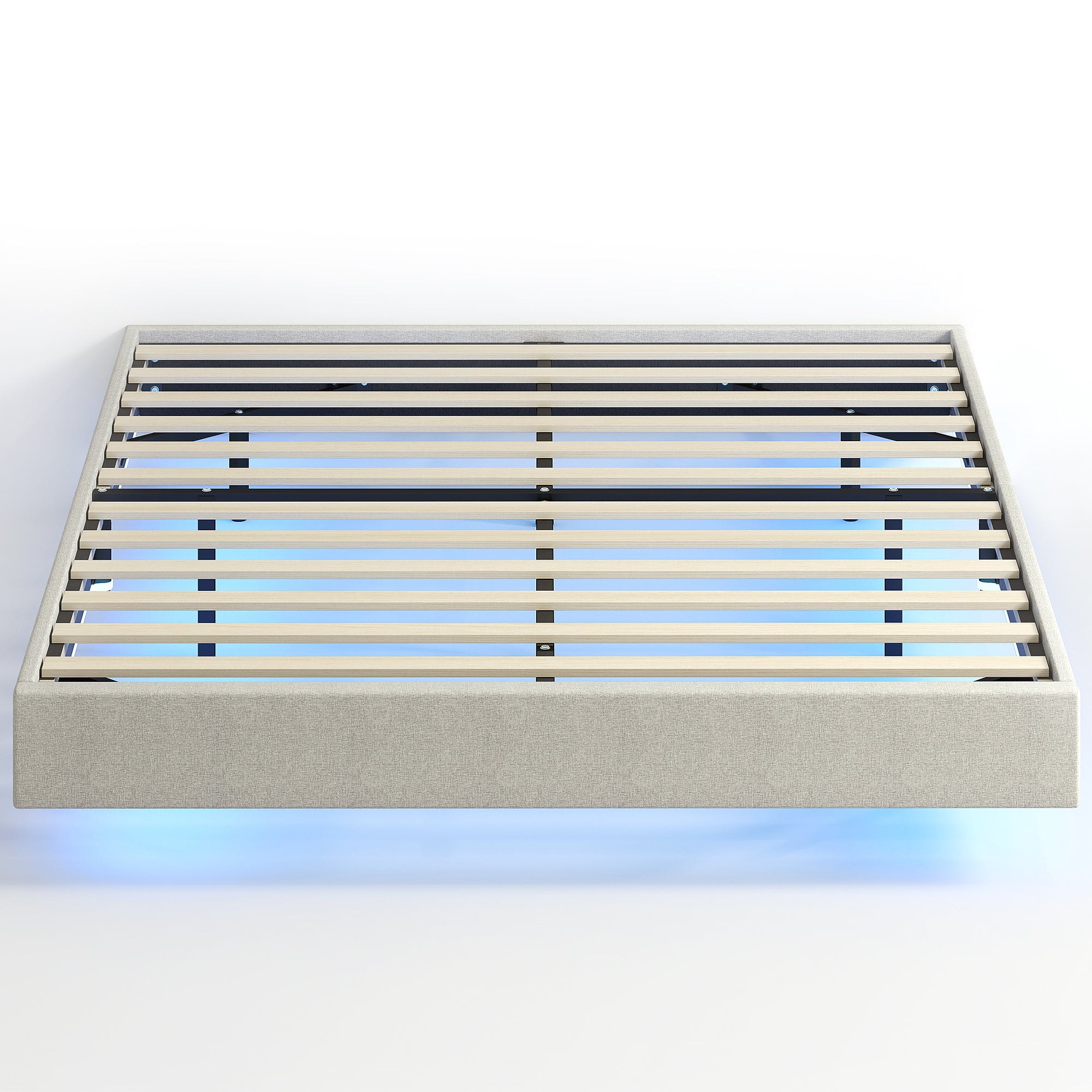 Schwebender Bettrahmen 140 x 190 cm mit LED-Beleuchtung, gepolstertes Doppelbett aus Leinen, Holzlattenrost, beige