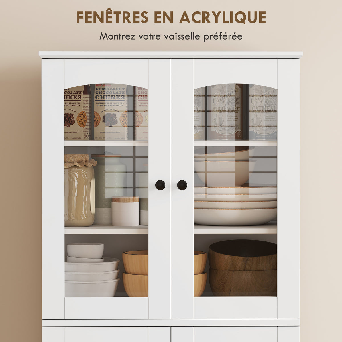 Kitchen tall sideboard, acrylic display cabinet, 4 doors, 10 compartments, 8 shelf racks, 60 x 40 x 162 cm, white