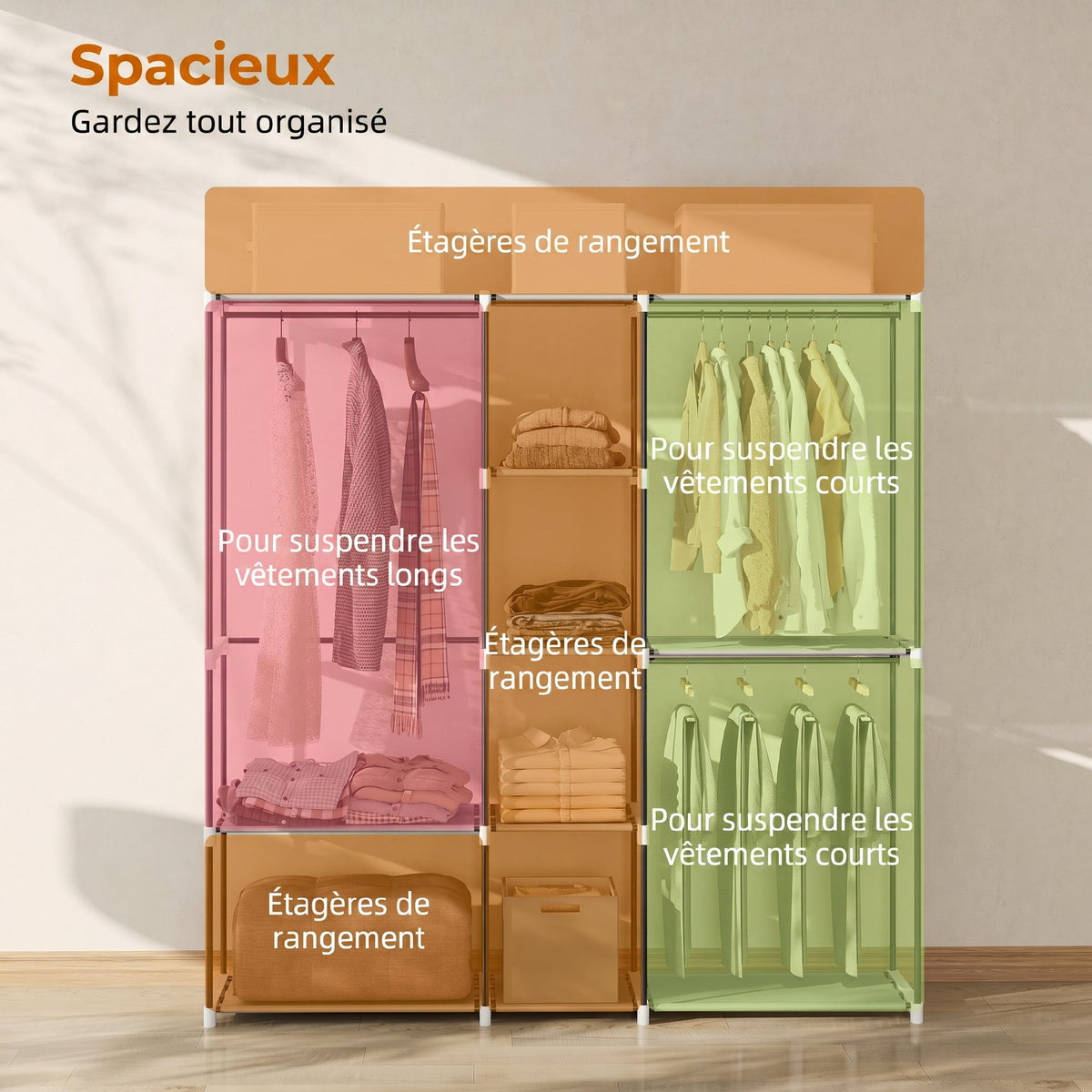 Armoire de rangement, penderie en tissu avec barre de suspension et étagères, 182 x 43 x 185 cm, gris