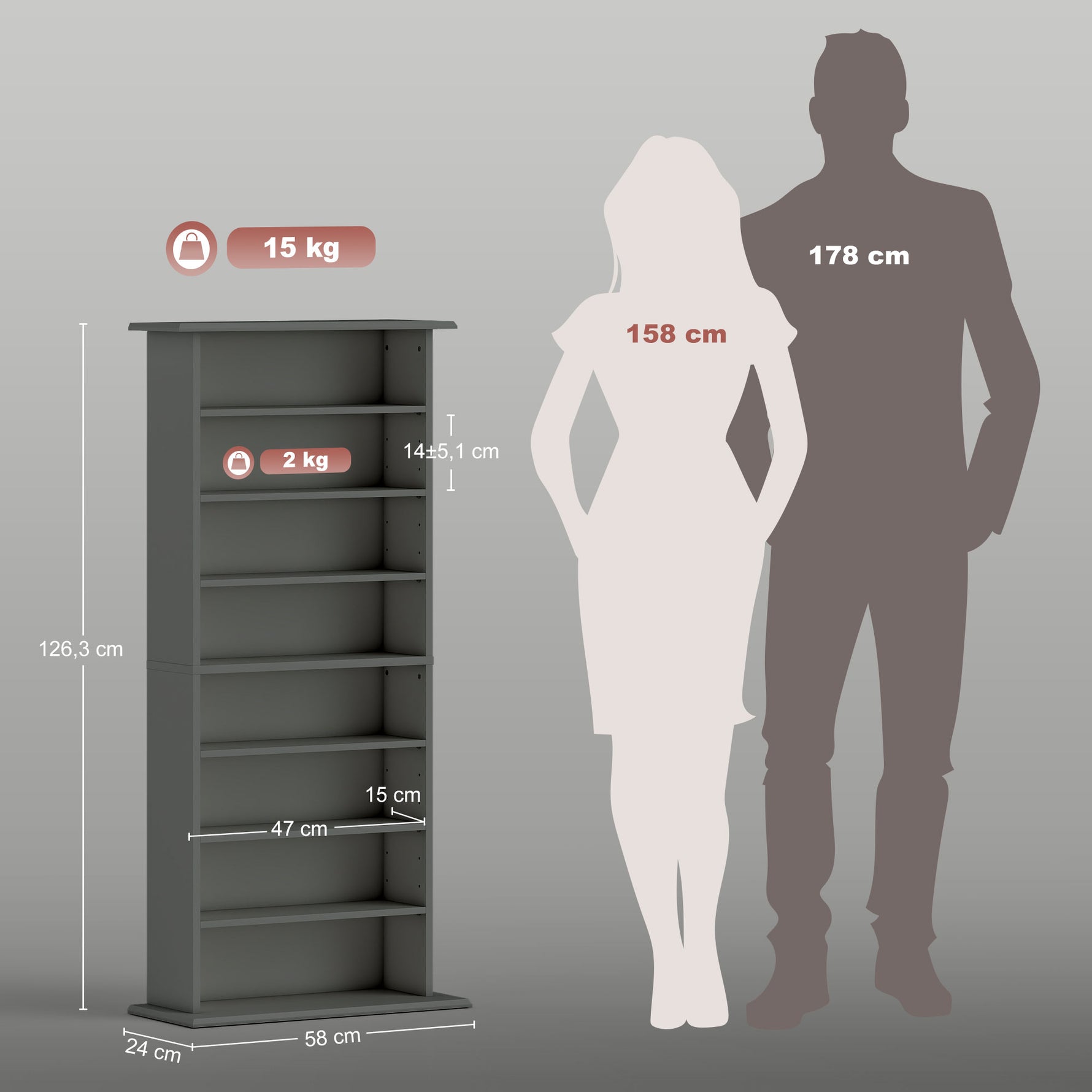 Rangements pour CD et DVD avec 8 compartiments et 6 étagères réglables, capacité max. 360 CD/185 DVD et Blu-ray, gris