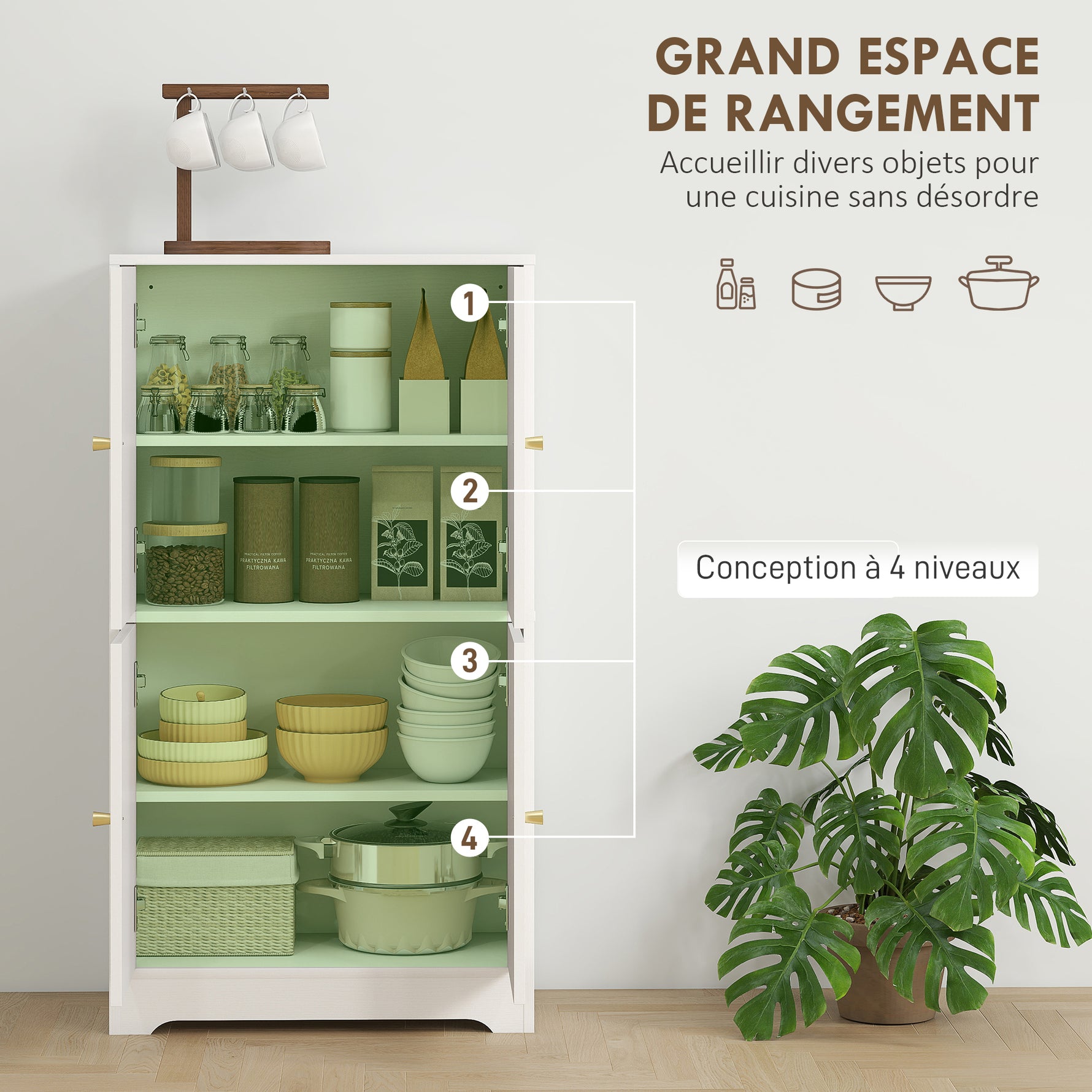 Buffet cuisine, meuble cuisine rangement avec 4 portes cintrées et 2 étagères réglables, 60 x 30 x 110 cm, blanc