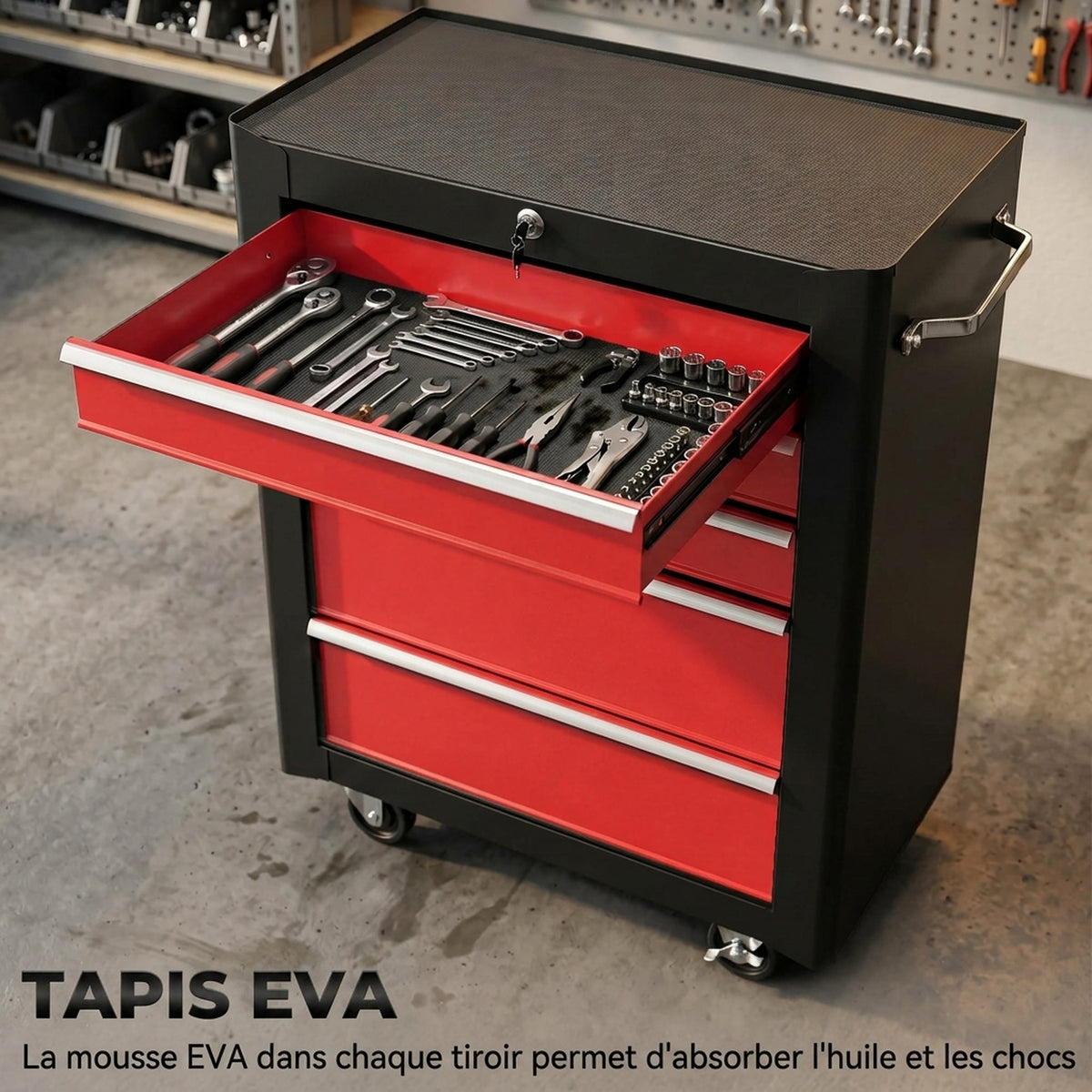 Carrello portautensili su ruote, Cassettiera da officina in acciaio a 5 cassetti bloccabile con 2 chiavi, 61,5 x 33 x 82,5 cm, rosso