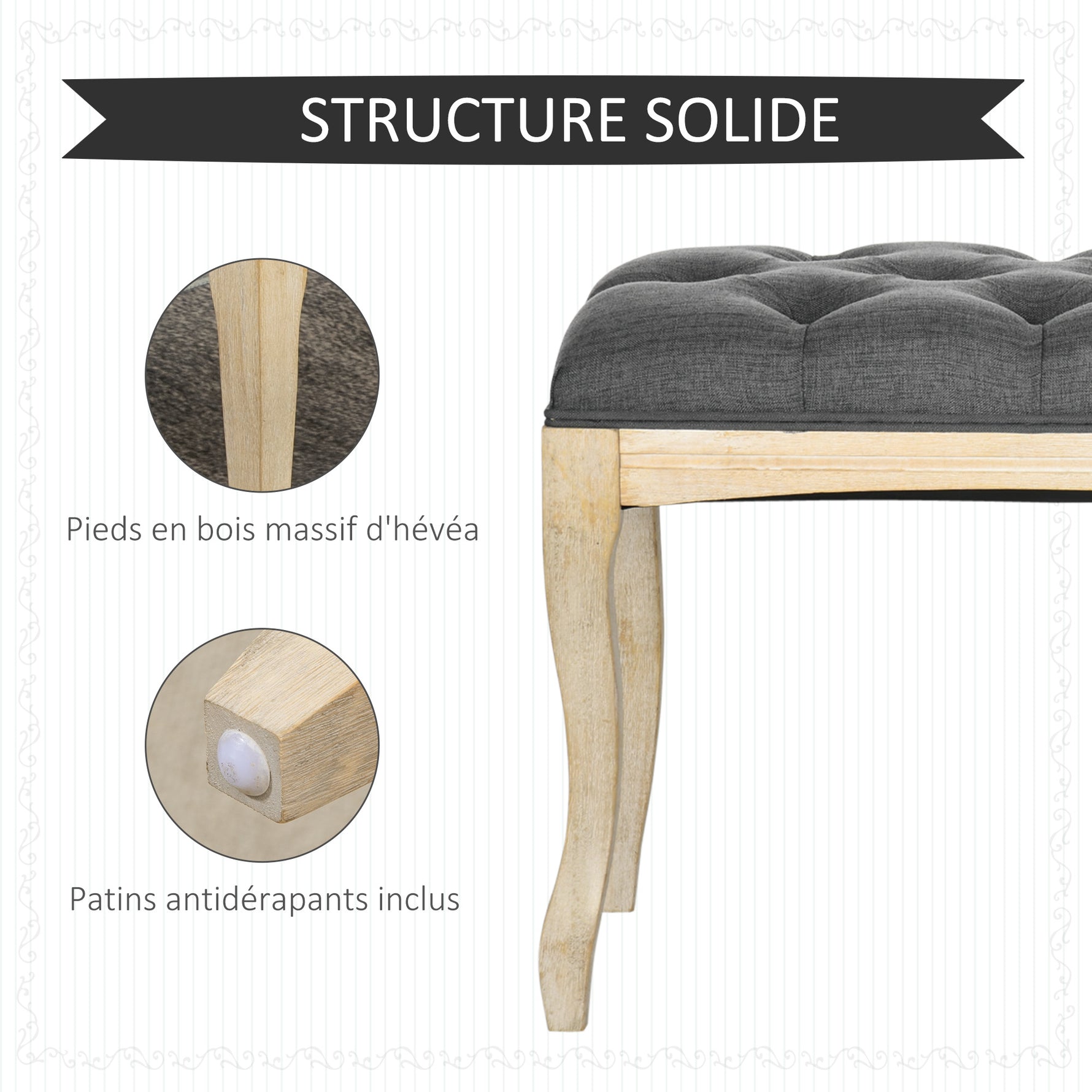 Banc Banquette capitonnée Style Classique 110 cm Bout de lit Rembourrée en lin piètement Bois hévéa sculpté Lin Gris