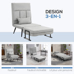 Fauteuil convertible 3 en 1 lit 1 place dossier inclinable 5 positions, accoudoirs et coussin, tissu effet velours, gris