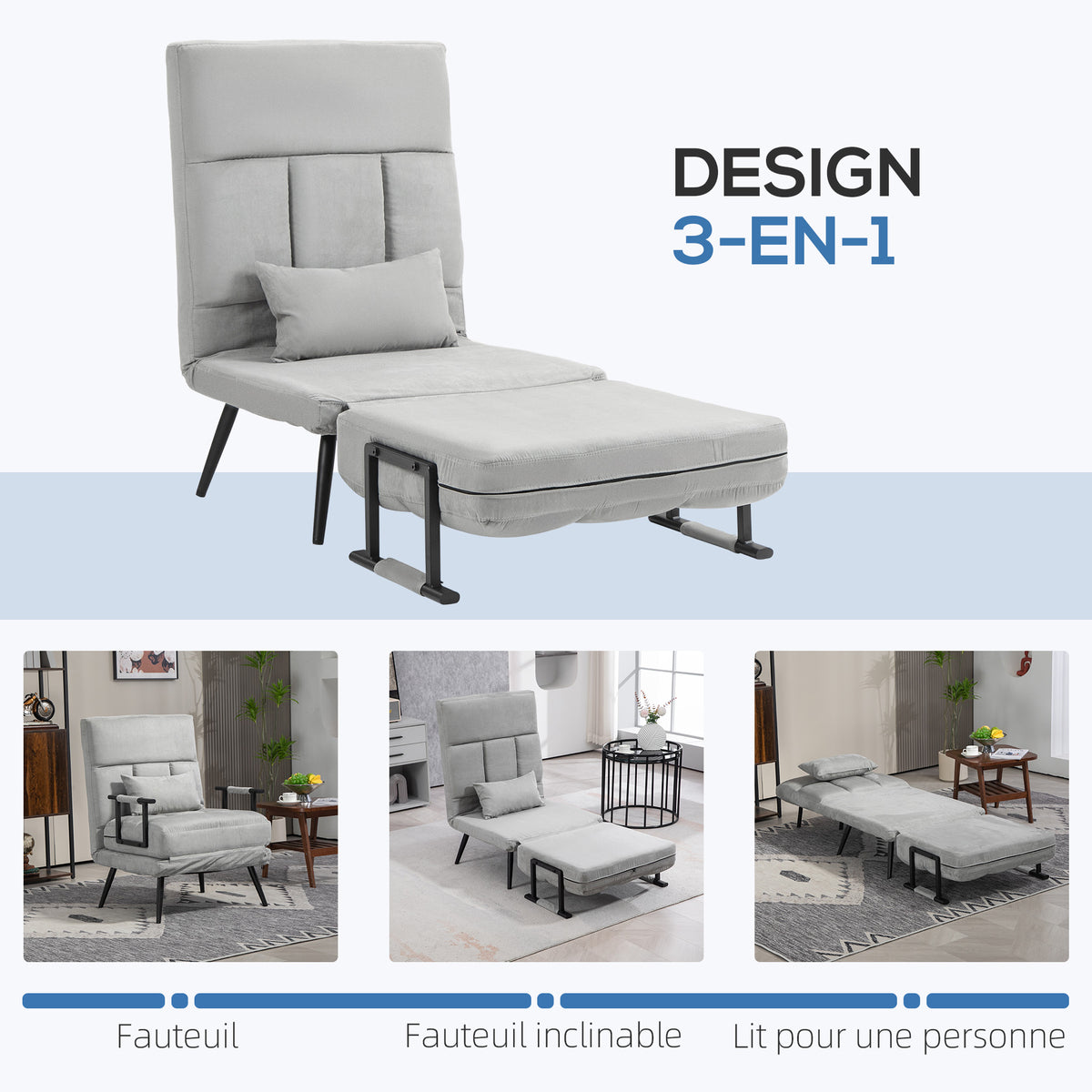 Fauteuil convertible 3 en 1 lit 1 place dossier inclinable 5 positions, accoudoirs et coussin, tissu effet velours, gris