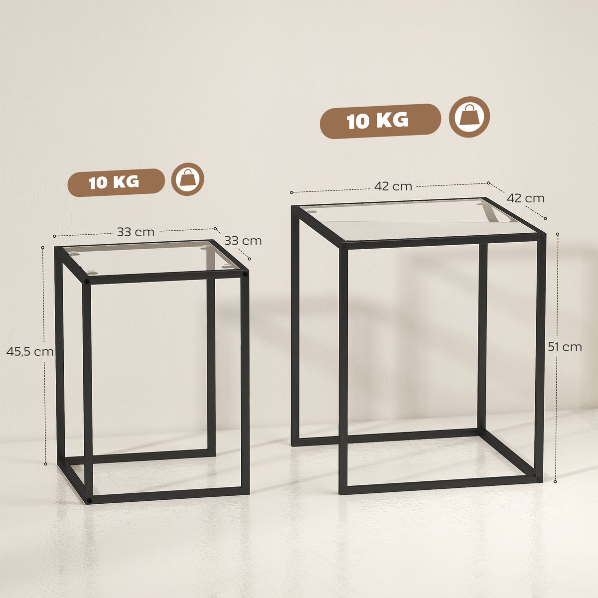 Lot de 2 tables basse gigogne, tables d'appoint empilable, plateau verre trempé cadre acier, patins antidérapants, noir