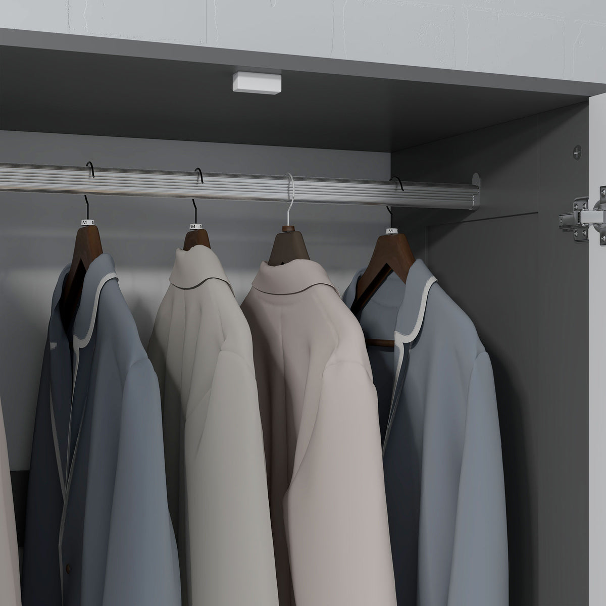 Armoire chambre penderie avec 2 portes à fermeture douce, 3 tiroirs et barre de suspension, 80x50x180cm, gris et blanc