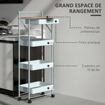 Desserte chariot de rangement à roulettes 4 niveaux avec tiroir, plateau et paniers, vert