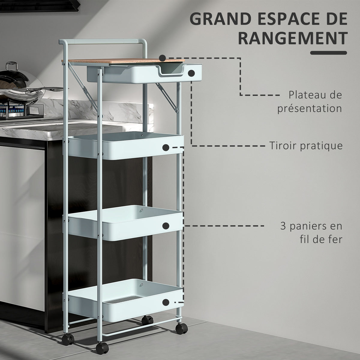 Desserte chariot de rangement à roulettes 4 niveaux avec tiroir, plateau et paniers, vert
