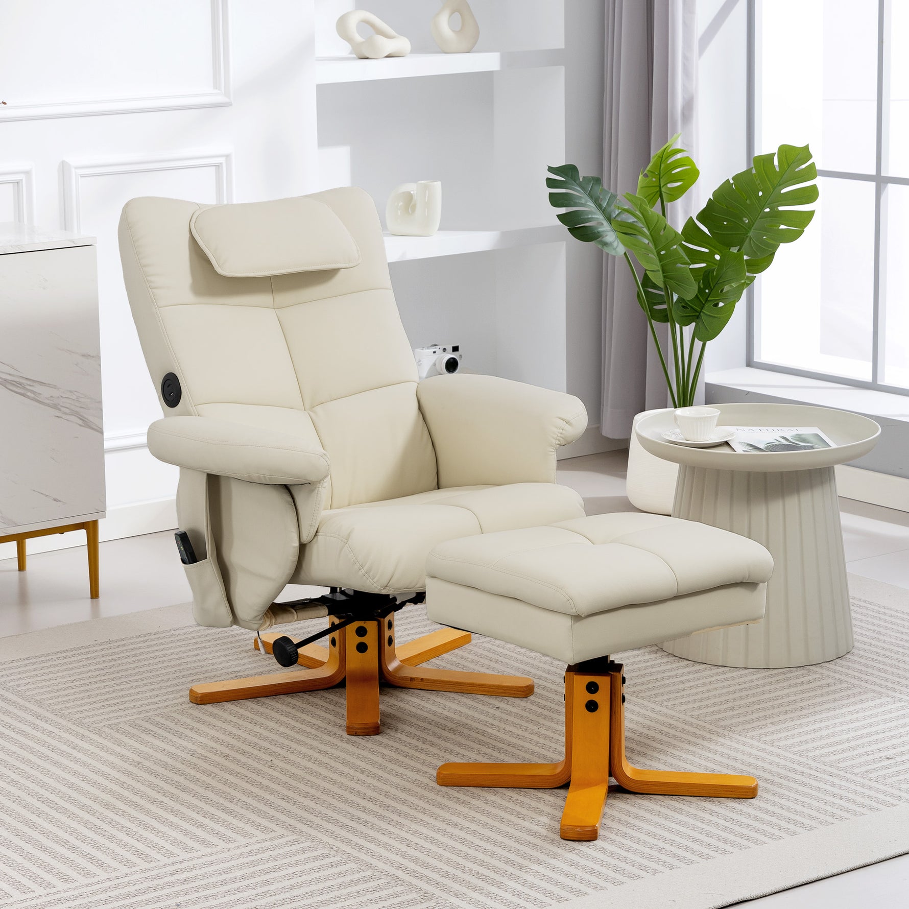 Fauteuil massant avec repose-pied, dossier inclinable jusqu'à 135°, coffre de rangement, télécommande