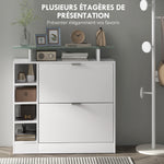 Meuble à chaussures avec 2 tiroirs rabattables 12 paires, plateau en verre et étagères réglables, 89 x 25 x 92 cm, blanc