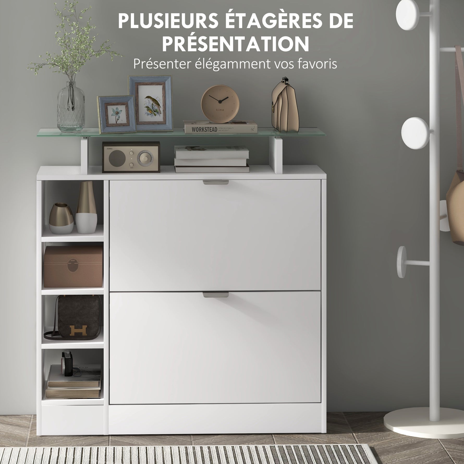 Meuble à chaussures avec 2 tiroirs rabattables 12 paires, plateau en verre et étagères réglables, 89 x 25 x 92 cm, blanc