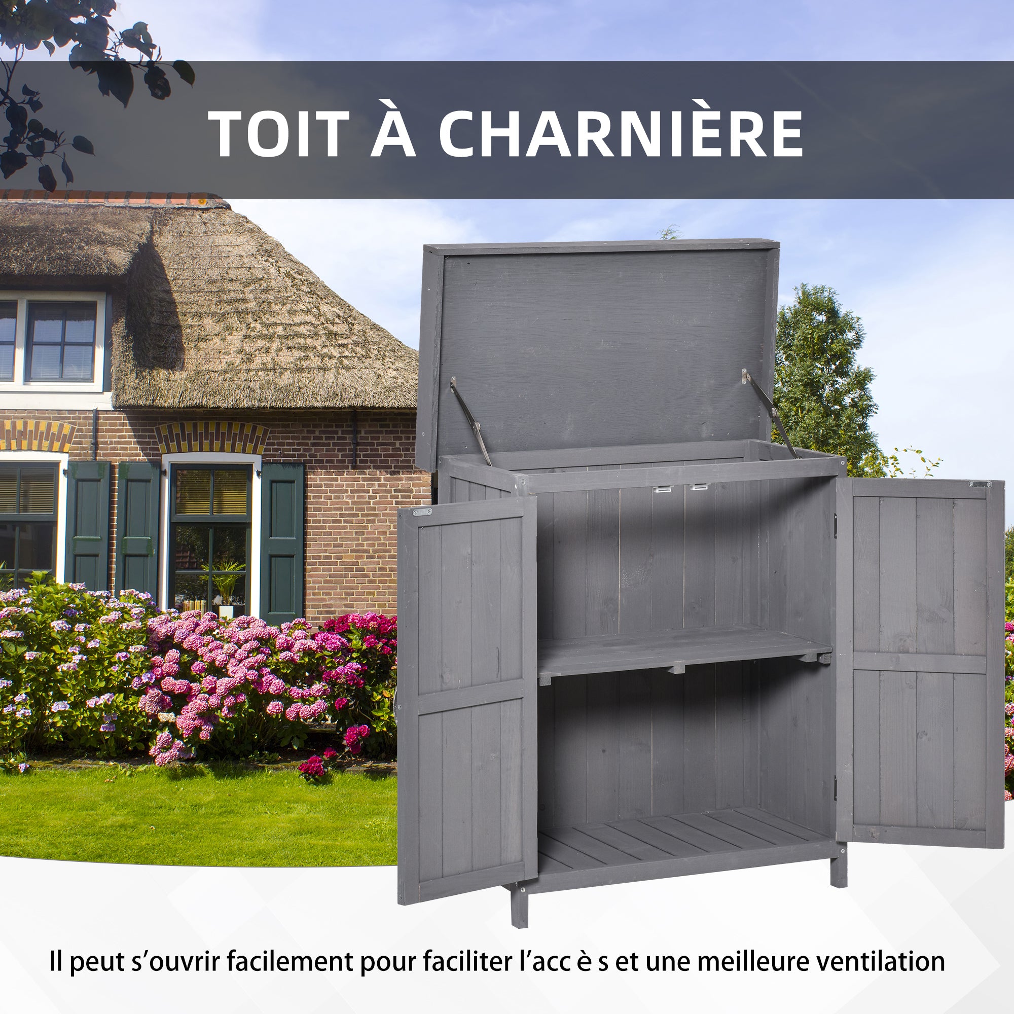 Freestanding Garden Cabinet, Double Doors, Shelf and Liftable Asphalt Roof, Dim. 74L x 43W x 88H cm, Solid Fir Wood