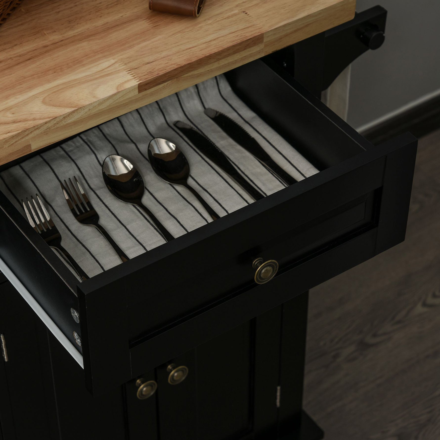 Desserte ilôt de cuisine multi rangements 2 tiroirs 2 placard 2 portes avec étagère range-bouteille