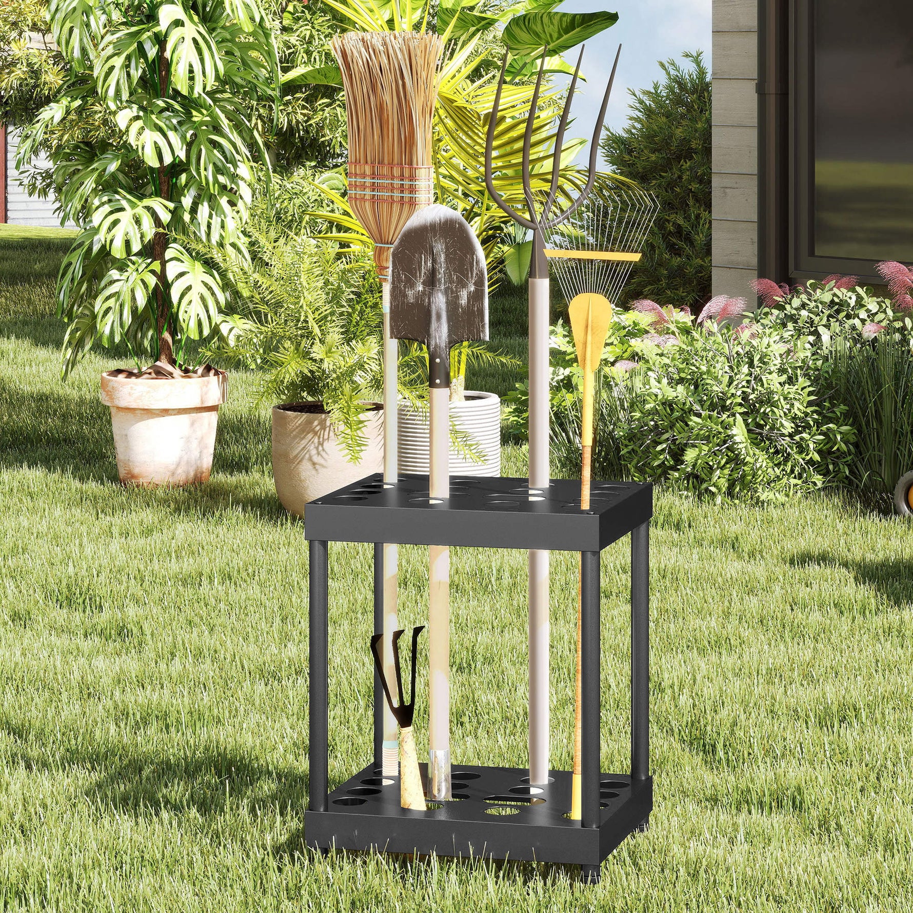 Organisateur d'outils de jardin, support à outils de jardin 16 compartiments à 2 niveaux 42 x 33 x 50 cm noir