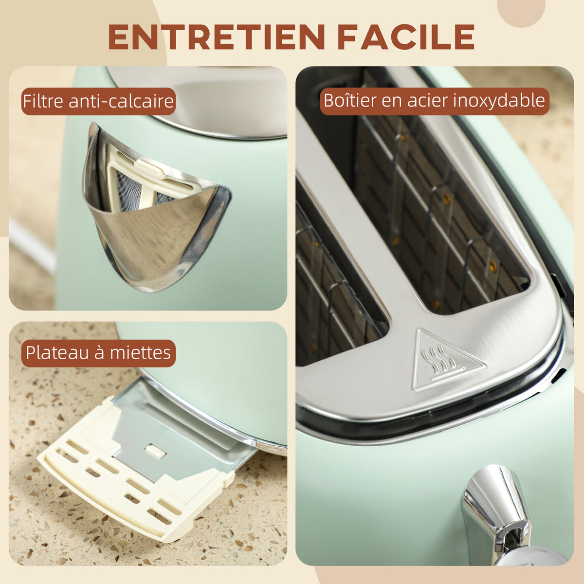 Ensemble bouilloire et grille-pain, bouilloire en acier inoxydable 1,7 L et 2200 W et grille-pain à 2 tranches, vert