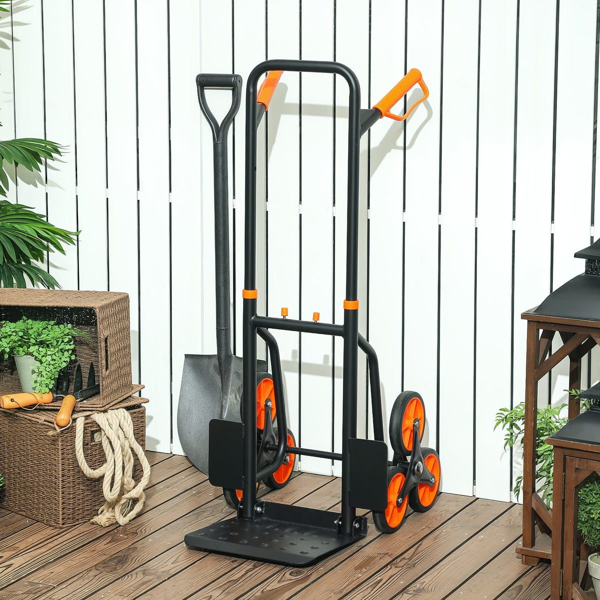 Treppensteiger-Sackkarre klappbar 120 kg 6 Räder, Stahl-Transportkarre mit Spanngurten, 44x67x106,5 cm, orange