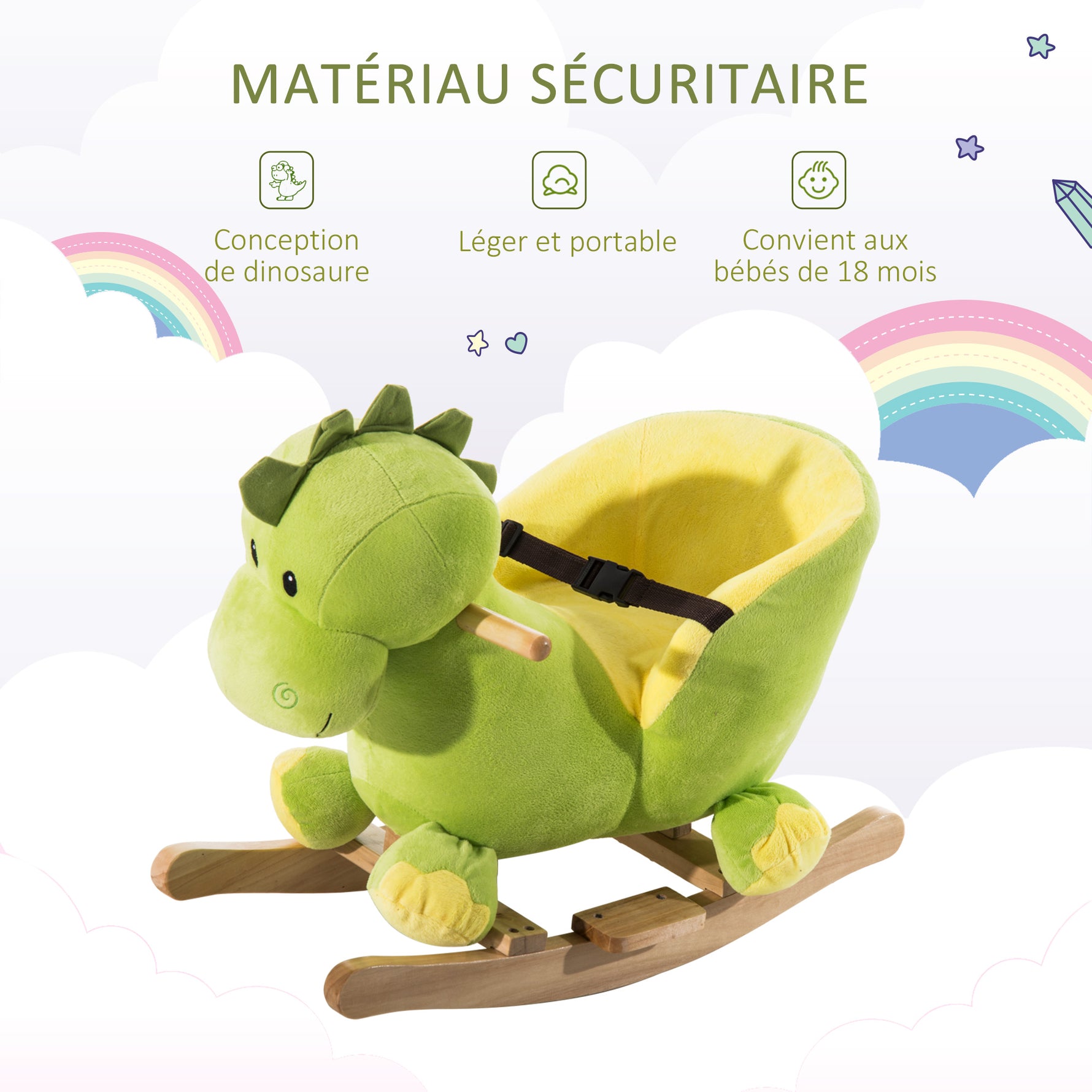 Jouet à Bascule Dinosaure Ceinture de sécurité Effet sonore 32 chansons pour enfants de 18+ Mois Bois Peluche Verte