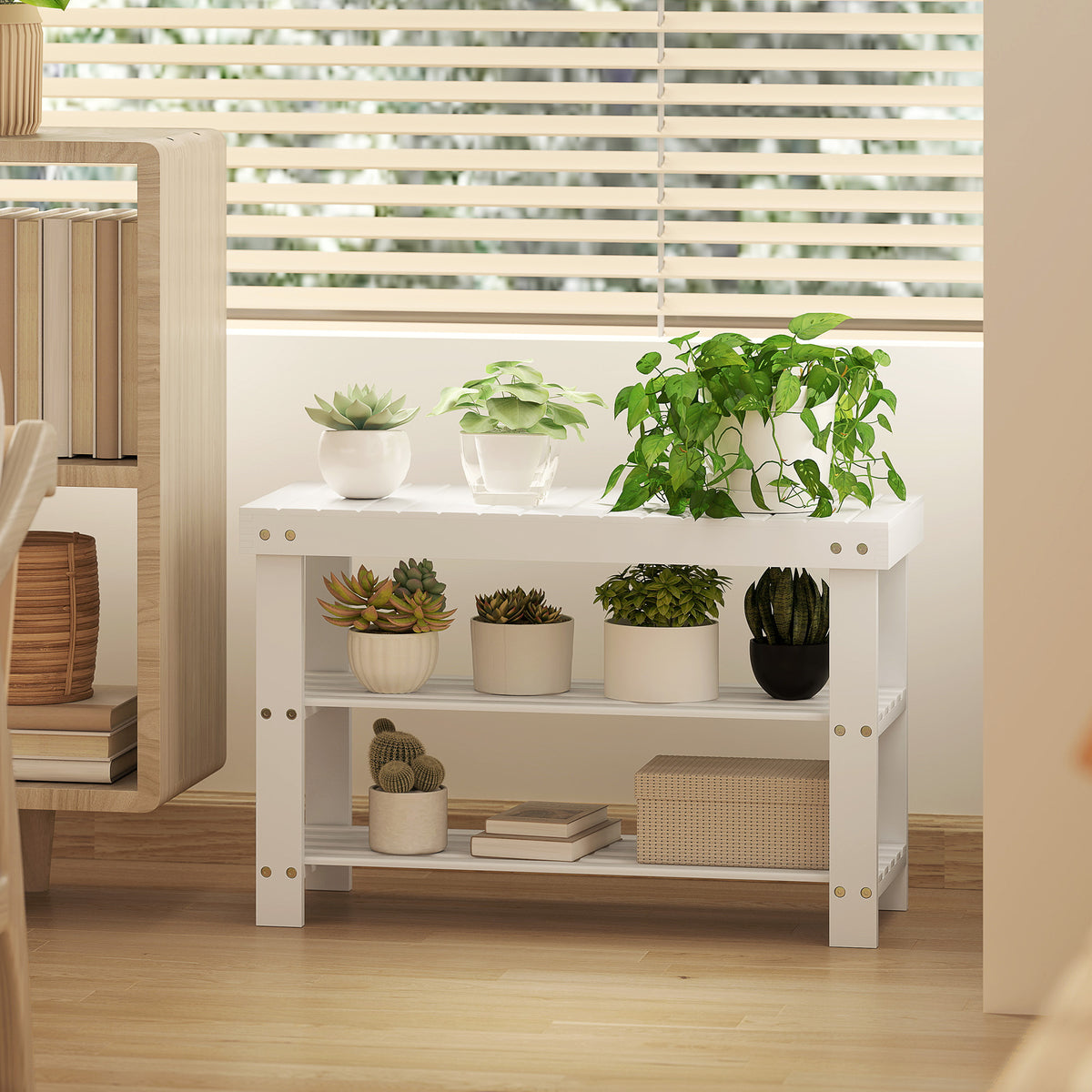 Banc à chaussures en bambou, étagère à chaussures à 3 niveaux, style scandinave, charge 136 Kg, 70 x 28 x 45 cm, blanc