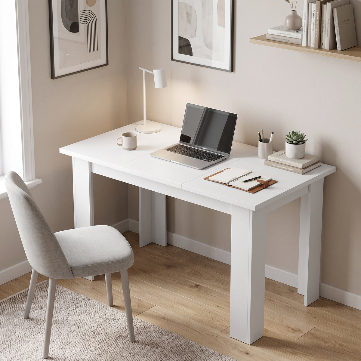 Eettafel voor 4 personen met hefblad en verborgen opbergruimte, 120 x 60 x 75,5 cm, wit