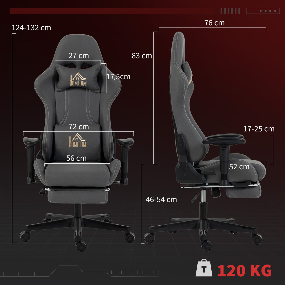 Ergonomische gamestoel, gamerfauteuil met 3D-armleuningen, kantelbare rugleuning, in hoogte verstelbaar, 72x76x132cm, grijs