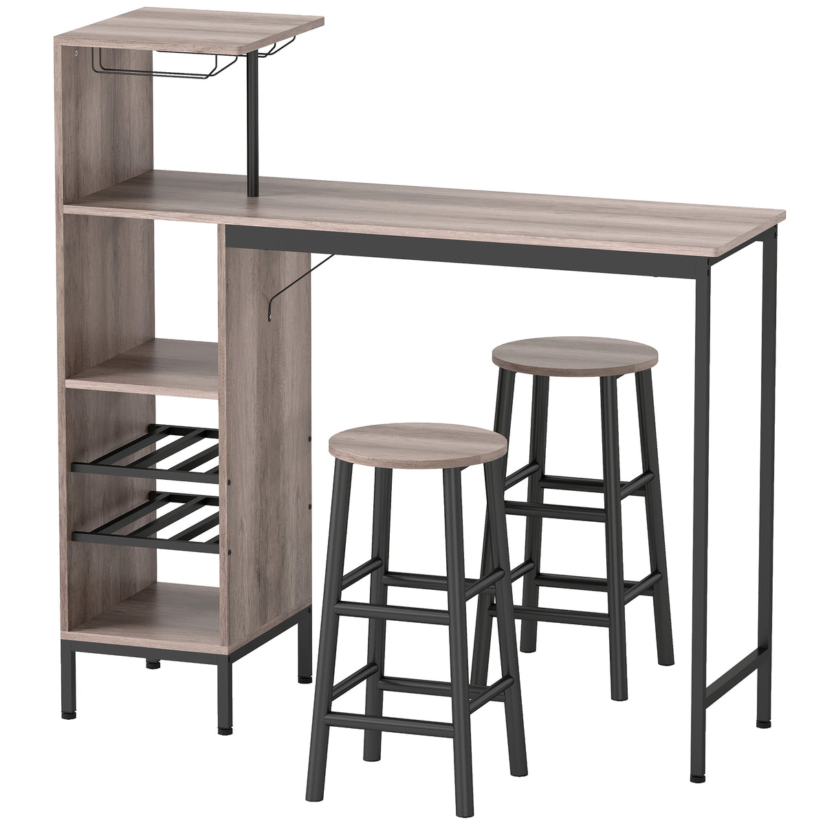Ensemble table de bar avec tabourets, table à manger debout avec 2 chaises de bar étagères, casiers à vin, gris